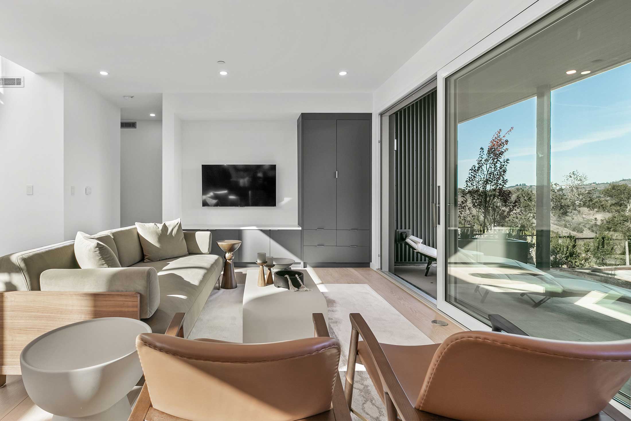 modern modular home living room with mountain view