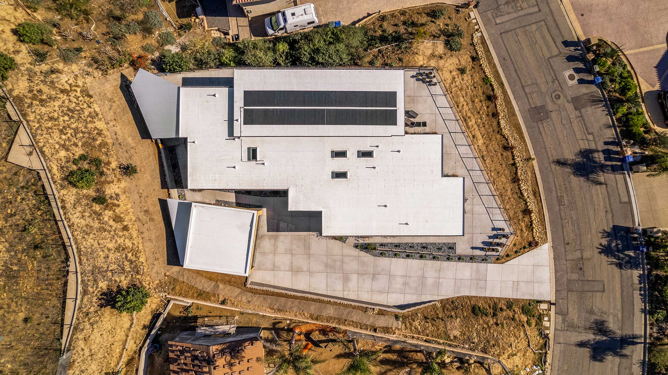 aerial view of solar panels on roof